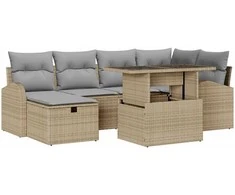 Lauko baldų komplektas Sodo Sofų Rinkinys su pagalve 7 pcs Smėlio Poli ratanas