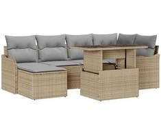 Lauko baldų komplektas Sodo Sofų Rinkinys su pagalve 7 pcs Smėlio Poli ratanas