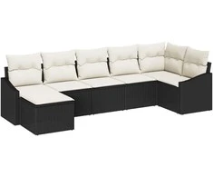 Lauko baldų komplektas Sodo Sofų Rinkinys 7 pcs Juoda ir kreminė poliratanas