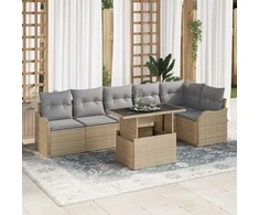 Lauko baldų komplektas Sofos komplektas su pagalve 7 pcs Smėlio Poli ratanas