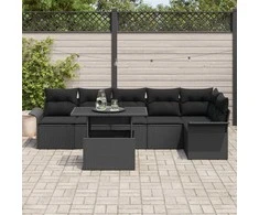 Lauko baldų komplektas Sodo Sofų Rinkinys su pagalve 7 pcs Juoda Poli ratanas
