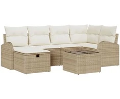 Lauko baldų komplektas Sodo Sofų Rinkinys su pagalve 7 pcs Smėlio Poli ratanas