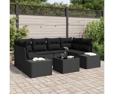 Lauko baldų komplektas Sodo Sofų Rinkinys su pagalve 7 pcs Juoda poliratanas