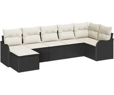 Sodo Sofų Rinkinys su pagalve 7 pcs Juoda ir balta Poli ratanas