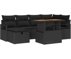 Lauko baldų komplektas Sodo Sofų Rinkinys su pagalve 7 pcs Juoda poliratanas