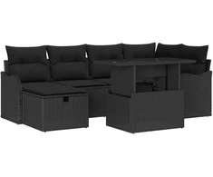 Lauko baldų komplektas Sodo Sofų Rinkinys su pagalve 7 pcs Juoda Poli ratanas