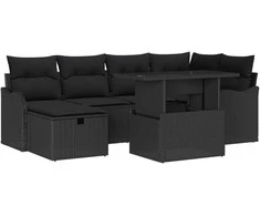 Lauko baldų komplektas Sodo Sofų Rinkinys su pagalve 7 pcs Juoda Poli ratanas