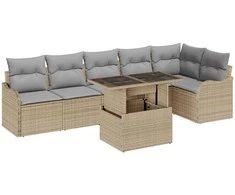 Lauko baldų komplektas Sofos komplektas su pagalve 7 pcs Smėlio Poli ratanas
