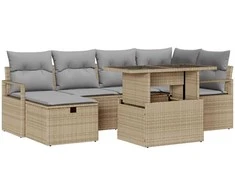 Lauko baldų komplektas Sodo Sofų Rinkinys su pagalve 7 pcs Smėlio Poli ratanas