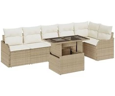 Lauko baldų komplektas Sofos komplektas su pagalve 7 pcs Smėlio Poli ratanas