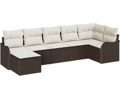 Sodo Sofų Rinkinys su pagalve 7 pcs Ruda ir balta Poli ratanas