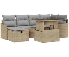 Lauko baldų komplektas Sodo Sofų Rinkinys su pagalve 7 pcs Smėlio Poli ratanas