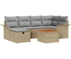 Lauko baldų komplektas Sodo Sofų Rinkinys su pagalve 7 pcs Smėlio Poli ratanas