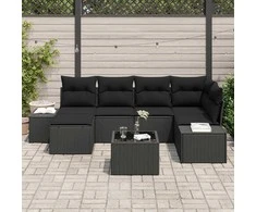 Lauko baldų komplektas Sodo Sofų Rinkinys su pagalve 7 pcs Juoda poliratanas