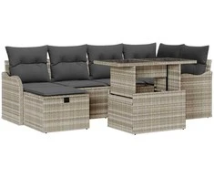 Lauko baldų komplektas Sodo Sofų Rinkinys su pagalve 7 pcs Šviesiai pilka Poli ratanas