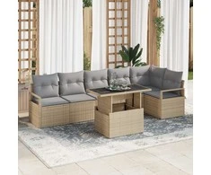 Lauko baldų komplektas Sodo Sofų Rinkinys su pagalve 7 pcs Smėlio Poli ratanas