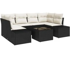 Lauko baldų komplektas Sodo Sofų Rinkinys 8 pcs Juoda ir kreminė poliratanas