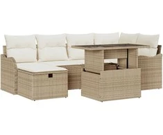 Lauko baldų komplektas Sodo Sofų Rinkinys su pagalve 7 pcs Smėlio Poli ratanas