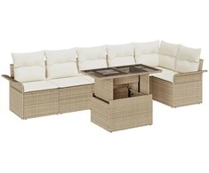 Lauko baldų komplektas Sodo Sofų Rinkinys su pagalve 7 pcs Smėlio Poli ratanas
