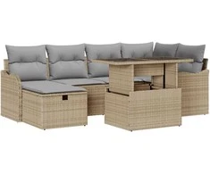 Lauko baldų komplektas Sodo Sofų Rinkinys su pagalve 7 pcs Smėlio Poli ratanas