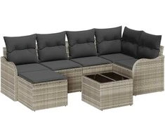 Lauko baldų komplektas Sodo Sofų Rinkinys su pagalve 7 pcs Šviesiai pilka Poli ratanas