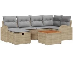 Lauko baldų komplektas Sodo Sofų Rinkinys su pagalve 7 pcs Smėlio Poli ratanas