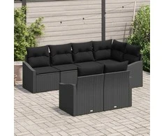 Lauko baldų komplektas Sofos komplektas su pagalve 7 pcs Juoda poliratanas