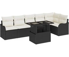 Lauko baldų komplektas Sofos komplektas su pagalve 7 pcs Juoda Poli ratanas