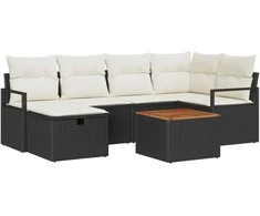 Lauko baldų komplektas Sodo Sofų Rinkinys su pagalve 7 pcs Juoda poliratanas