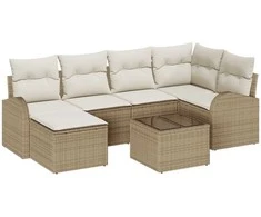 Lauko baldų komplektas Sofos komplektas su pagalve 7 pcs Bežinė ir balta poliratanas