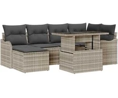 Sodo Sofų Rinkinys su pagalve 7 pcs Šviesiai pilka Poli ratanas