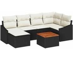 Lauko baldų komplektas Sodo Sofų Rinkinys 7 pcs Juoda ir kreminė poliratanas