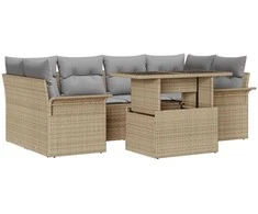 Lauko baldų komplektas Sodo Sofų Rinkinys su pagalve 7 pcs Smėlio Poli ratanas