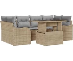 Sodo Sofų Rinkinys su pagalve 7 pcs Smėlio Poli ratanas