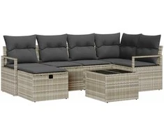 Lauko baldų komplektas Sodo Sofų Rinkinys su pagalve 7 pcs Šviesiai pilka Poli ratanas
