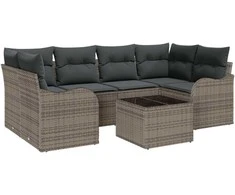 Sodo Sofų Rinkinys 7 pcs Pilka Poli ratanas, plienas ir stiklas
