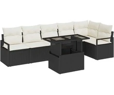 Lauko baldų komplektas Sodo Sofų Rinkinys su pagalve 7 pcs Juoda Poli ratanas