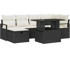 Lauko baldų komplektas Sodo Sofų Rinkinys su pagalve 7 pcs Juoda Poli ratanas
