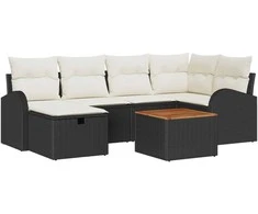 Lauko baldų komplektas Sodo Sofų Rinkinys su pagalve 7 pcs Juoda Poli ratanas