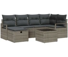 Lauko baldų komplektas Sodo Sofų Rinkinys su pagalve 7 pcs Pilka Poli ratanas