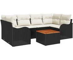 Lauko baldų komplektas Sodo Sofų Rinkinys 7 pcs Juoda ir kreminė poliratanas