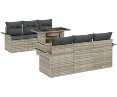 Lauko baldų komplektas Sodo Sofų Rinkinys su pagalve 7 pcs Šviesiai pilka Poli ratanas