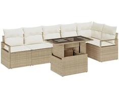 Lauko baldų komplektas Sodo Sofų Rinkinys su saugykla 7 pcs Smėlio Poli ratanas