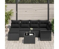 Lauko baldų komplektas Sodo Sofų Rinkinys su pagalve 7 pcs Juoda poliratanas