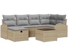 Lauko baldų komplektas Sodo Sofų Rinkinys su pagalve 7 pcs Smėlio Poli ratanas
