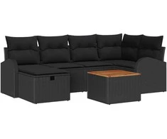 Lauko baldų komplektas Sodo Sofų Rinkinys su pagalve 7 pcs Juoda Poli ratanas