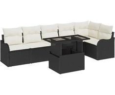 Sodo Sofų Rinkinys su pagalve 7 pcs Juoda Poli ratanas