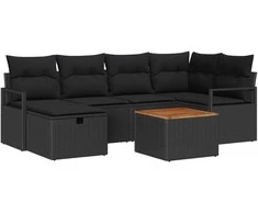 Lauko baldų komplektas Sodo Sofų Rinkinys su pagalve 7 pcs Juoda poliratanas