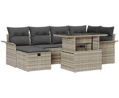 Lauko baldų komplektas Sodo Sofų Rinkinys su pagalve 7 pcs Šviesiai pilka Poli ratanas