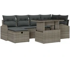 Lauko baldų komplektas Sodo Sofų Rinkinys su pagalve 7 pcs Pilka Poli ratanas
